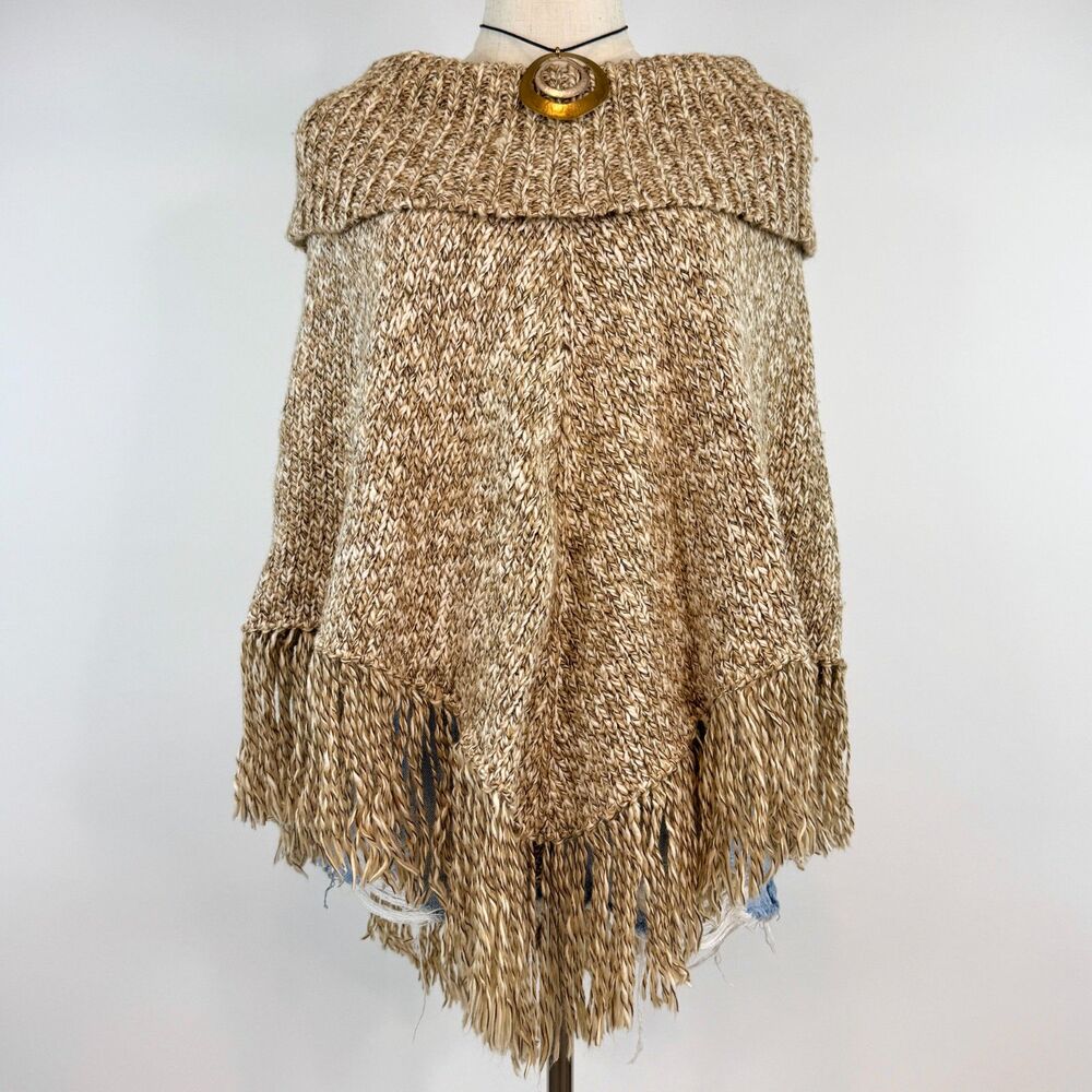 I.N.C Tan Thick Knit Tweed Fringe Poncho Shawl Boho Cottage Cabin Core Size S/M